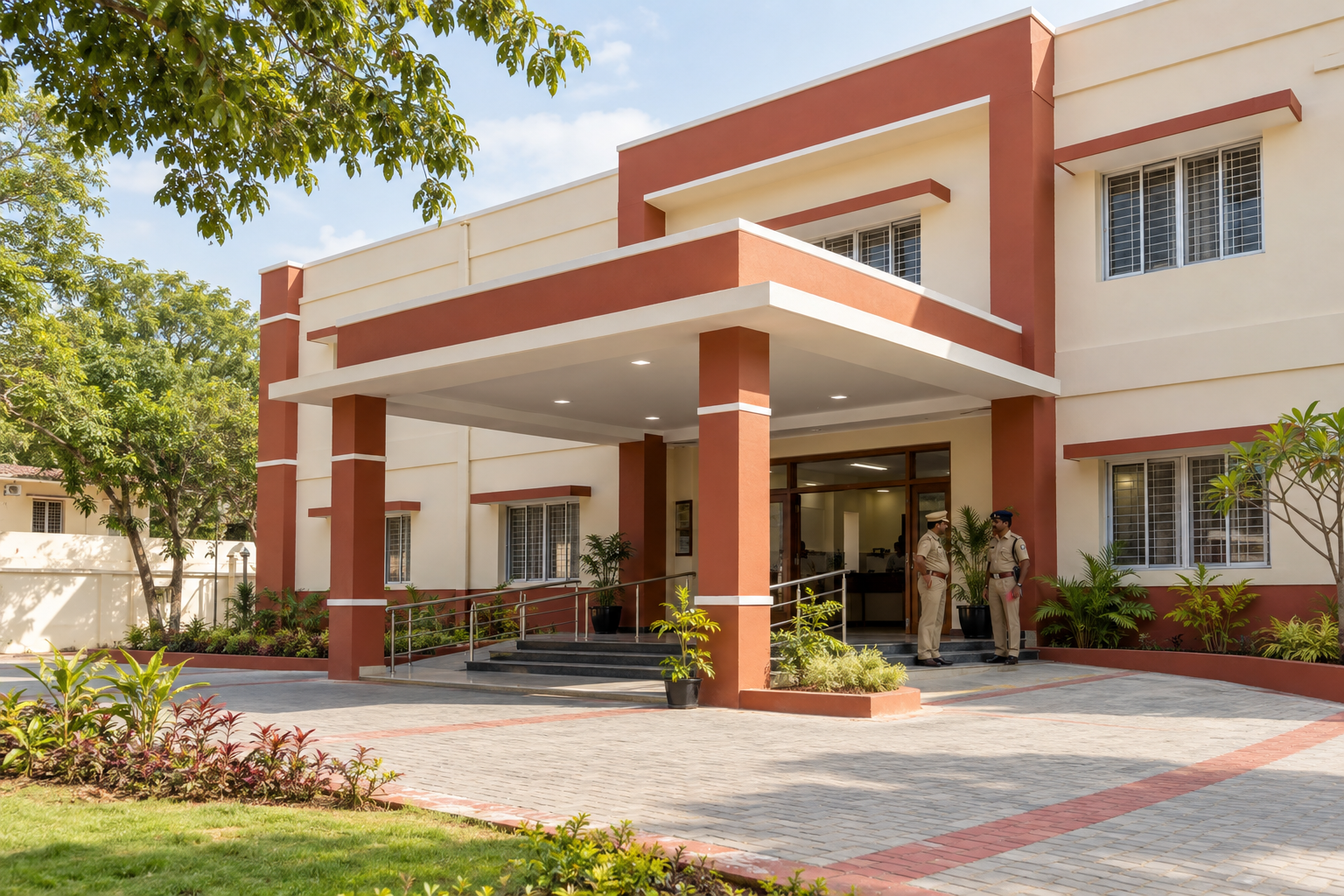 Illustrative renovated police station building with officers outside