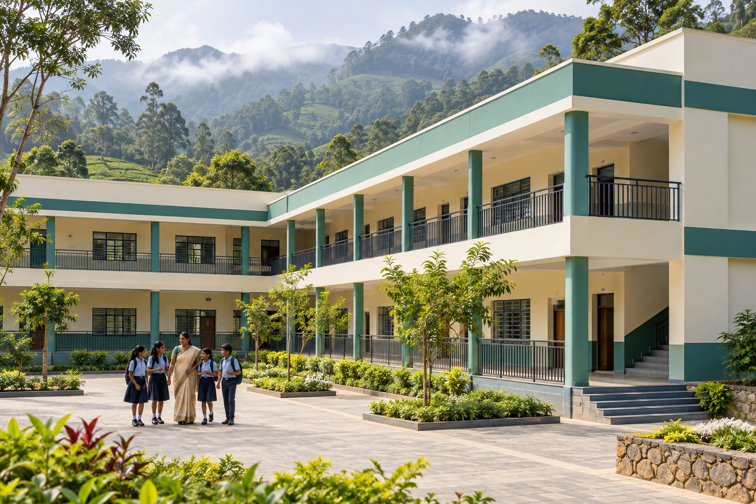 Illustrative school building in Valparai with students and a teacher