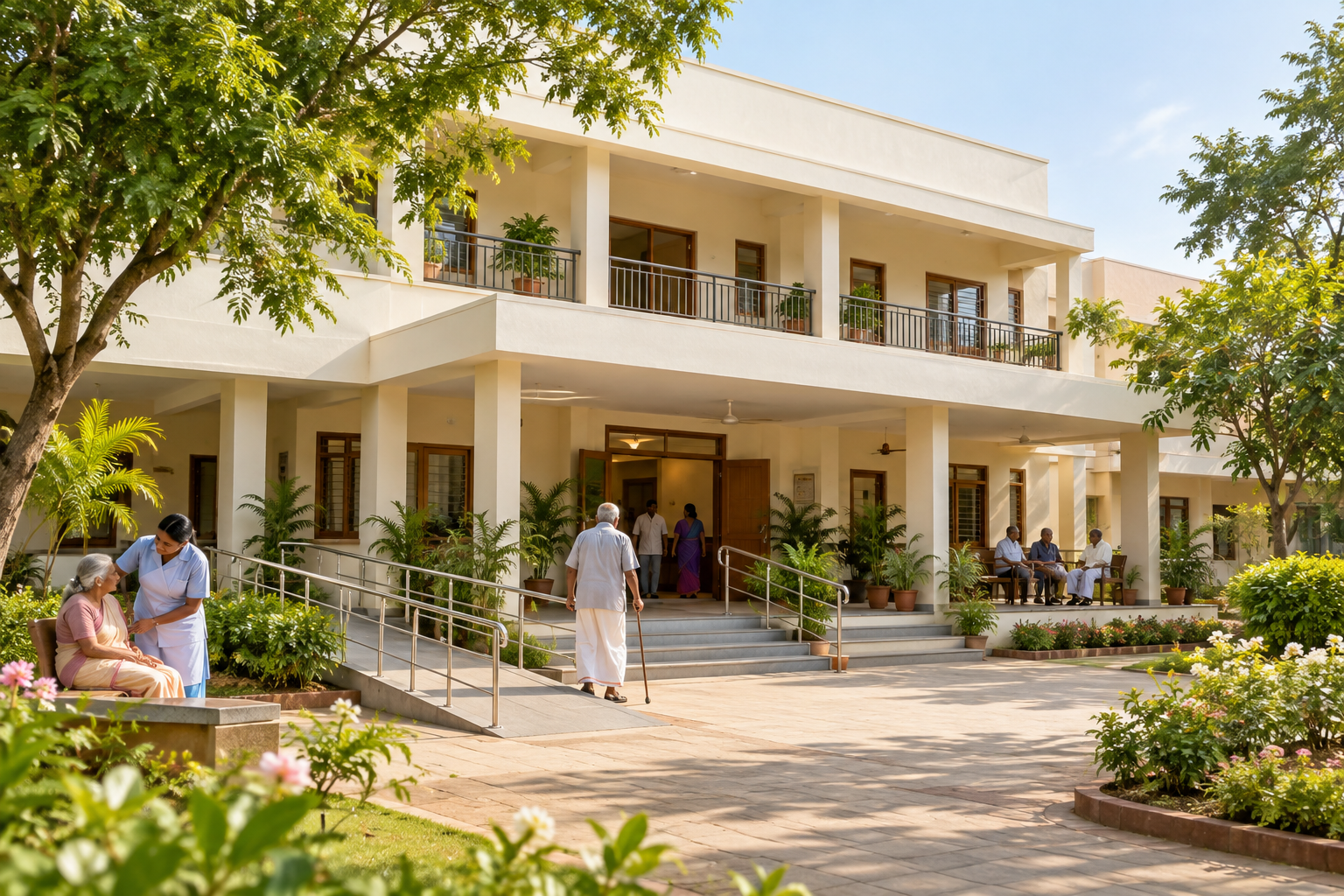 Illustrative Sevanilayam Ashram building with shaded verandahs and landscaped surroundings