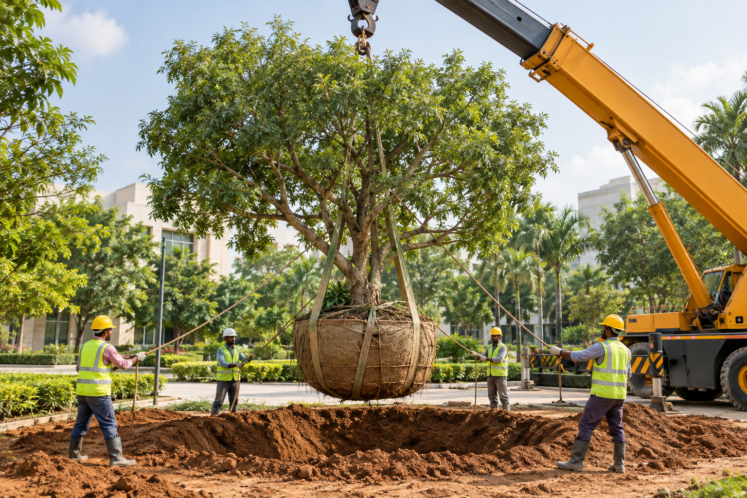 Illustration of mature tree transplantation using a crane and safety-equipped workers